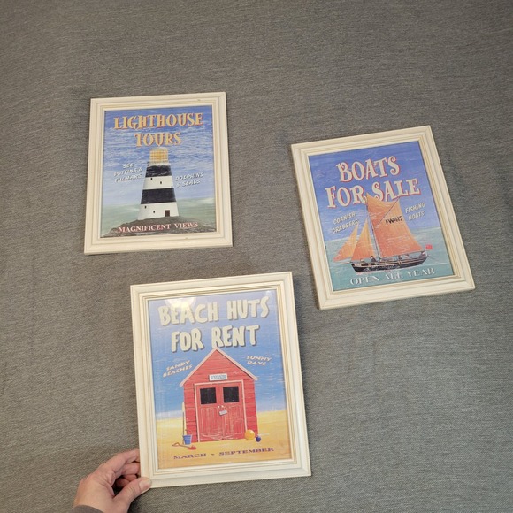 Other - Set of 3 Nautical Framed Art Prints Lighthouse Sailboat Beach Hut Coastal Decor